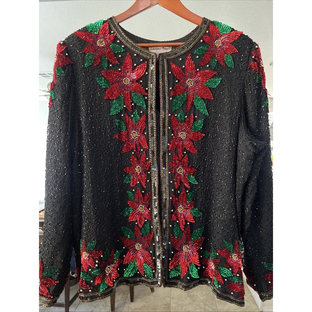 Laurence Kazar Vintage Silk Beaded & Sequin Xmas Jacket Pointsettia Design XL